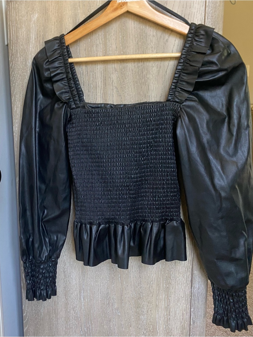 7 For All Mankind Black Faux-Leather Smocked Puff Sleeve Top